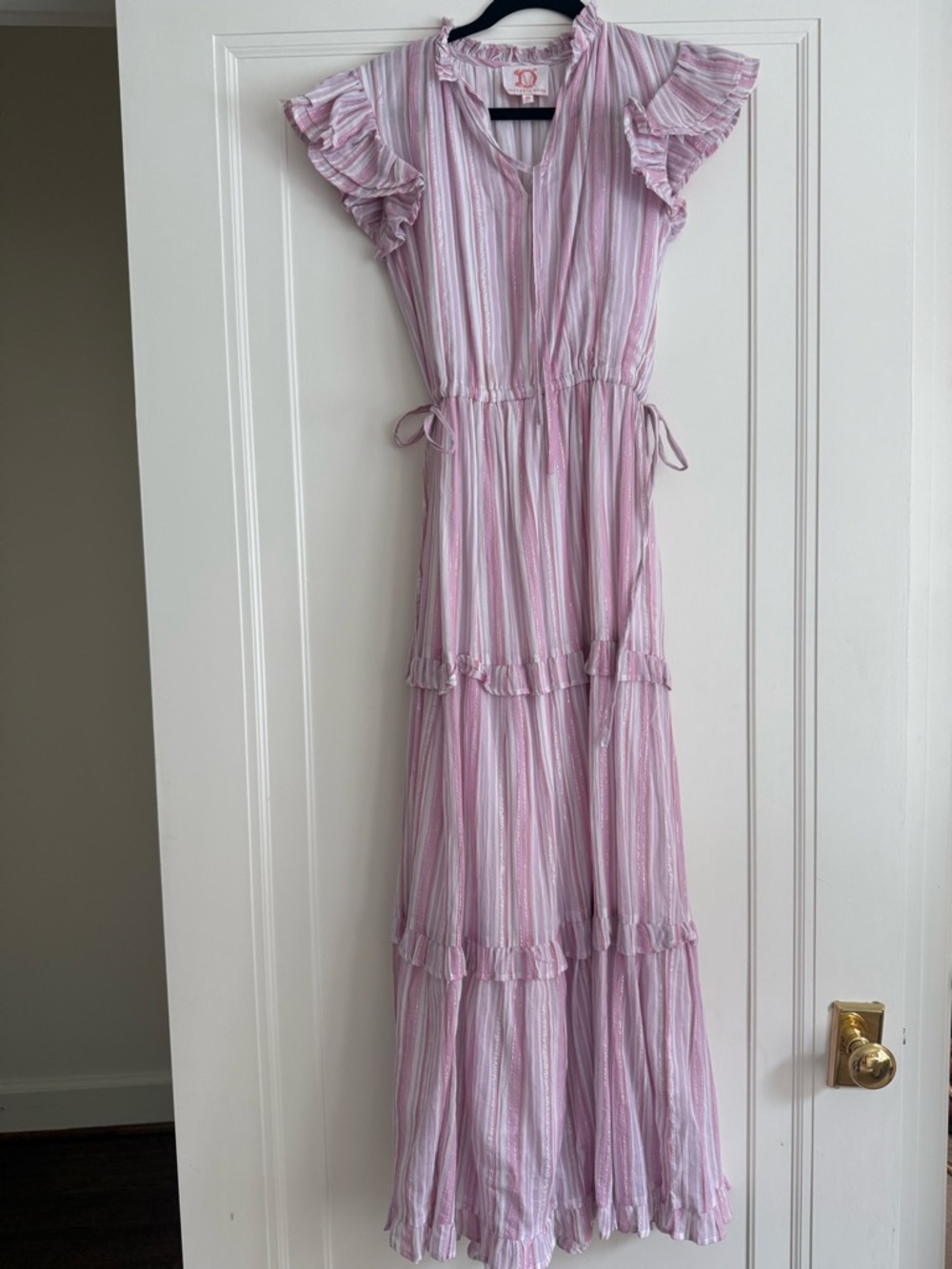 Victoria Dunn Pink and White Striped Ruffled Maxi Dress. Fits more small/medium